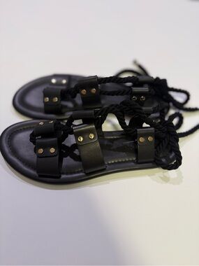 Ulla Johnson Eva Black Leather Rope Tie Flat Sandals - Size 10 NWOT